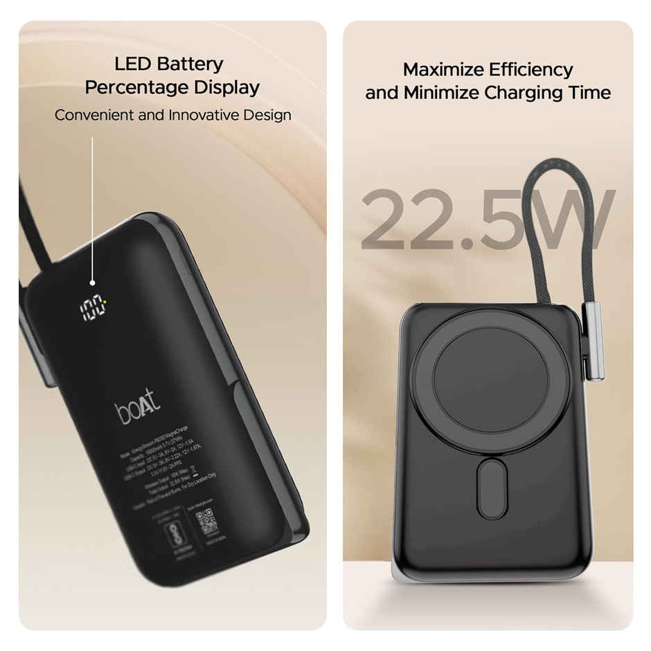 boAt Energyshroom PB330 MagnaCharge 10000 mAh Magnetic Wireless Power Bank w/ 15W Wireless Charging, Metal Stand,Magnacharge Ring for iPhone and Android Phones w/Wireless Charge - Black