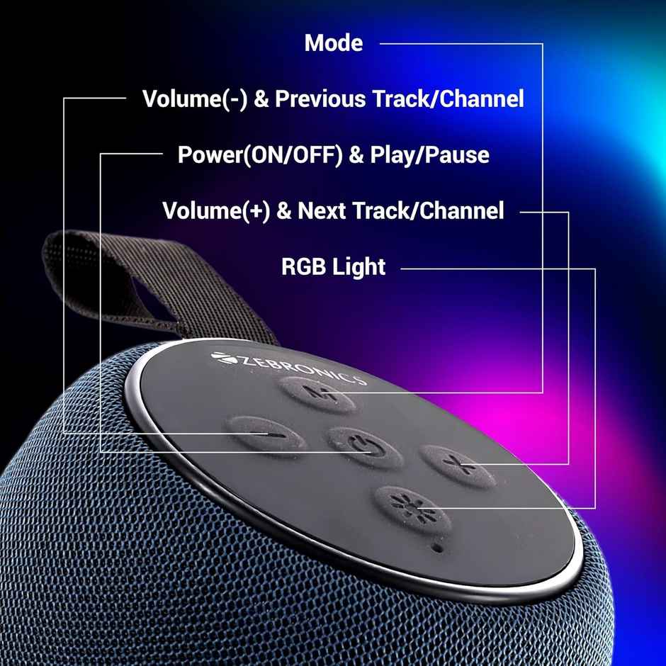 Zebronics Sonic Pod 20 10W Bt Speaker, 15Hr Playback, Rgb Led, Tws, Usb/Msd/Aux, Blue