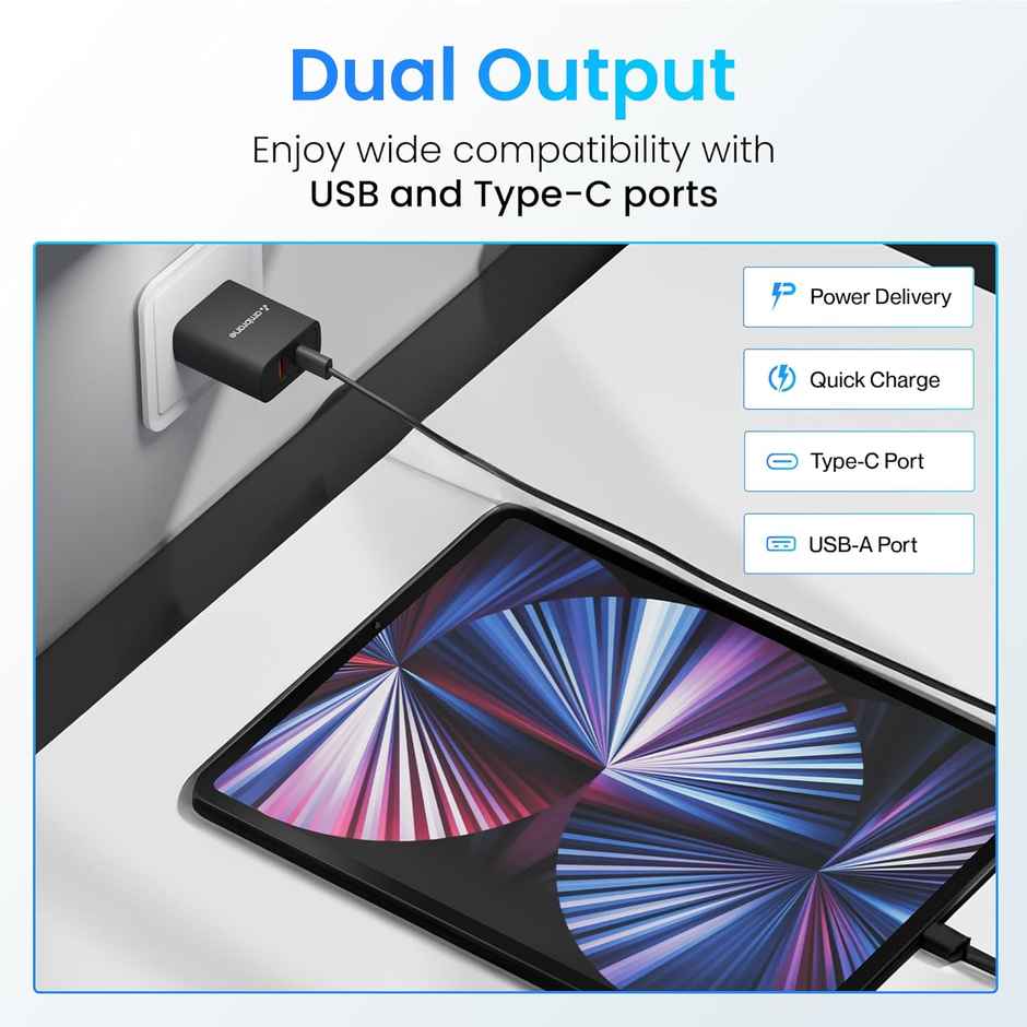 Ambrane 20w Dual Output Fast Charger with QC & PD Technology for Iphone Android (H11, Black)