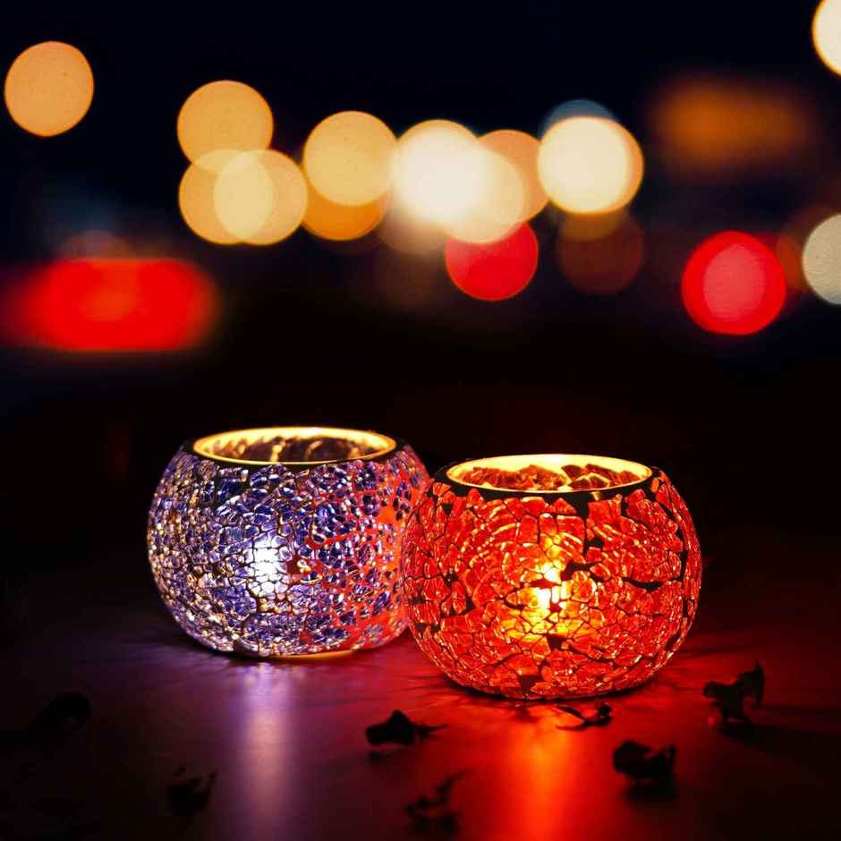 eCraftIndia Purple & Red Set of 2 Mosiac Glass Decorative Tea Light Holder/diya