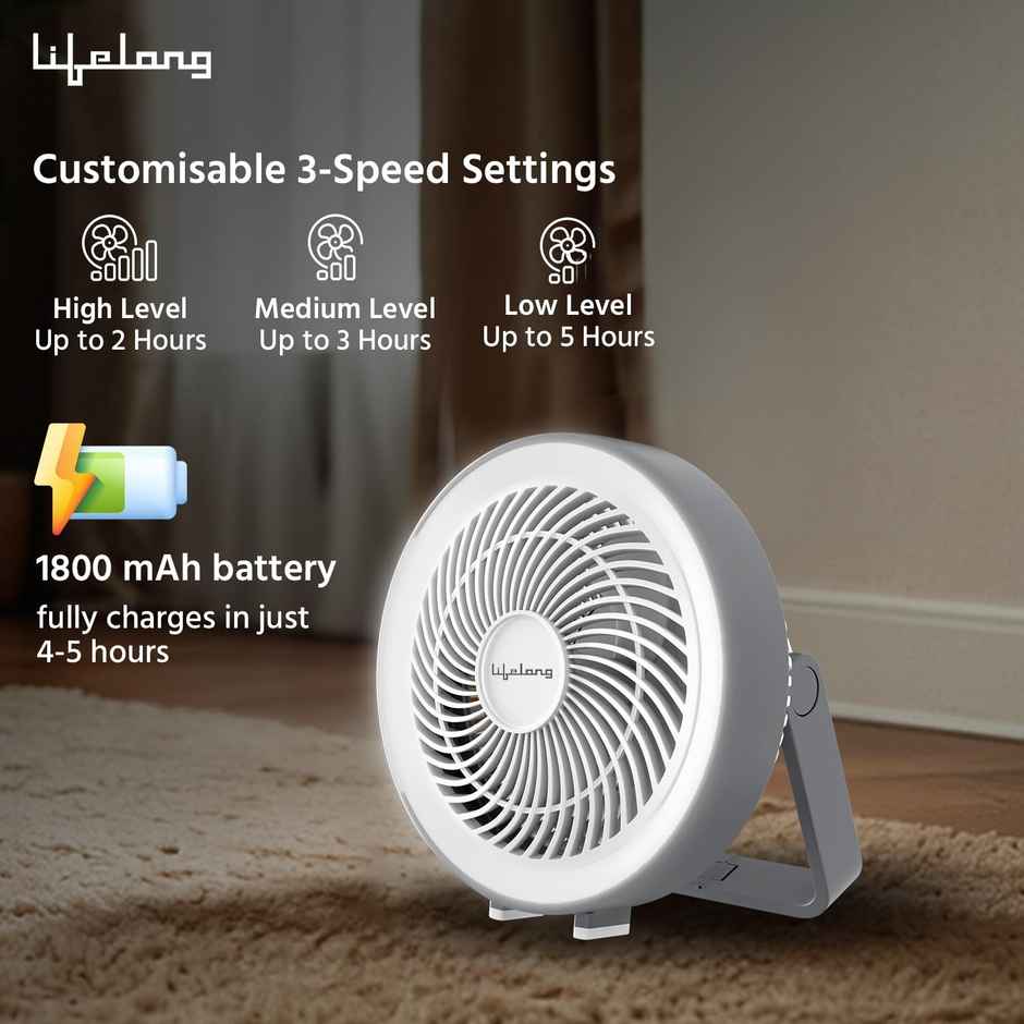 Lifelong USB Portable Fan, 150mm, 5-Hr Battery Backup, 3 Speed Settings, LED Lights, Grey & White