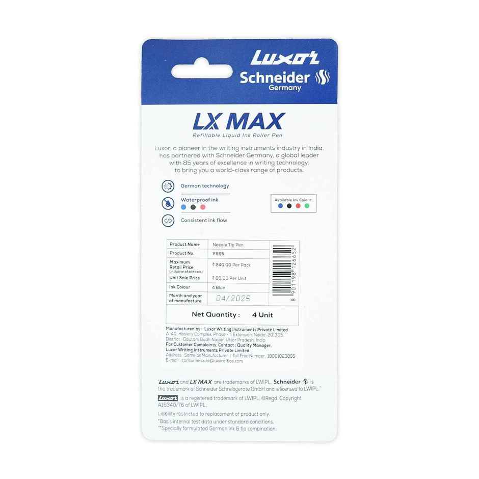Schneider by Luxor LX MAX Roller Ball Pen | Blue | 0.5mm | 1000+ m writing length