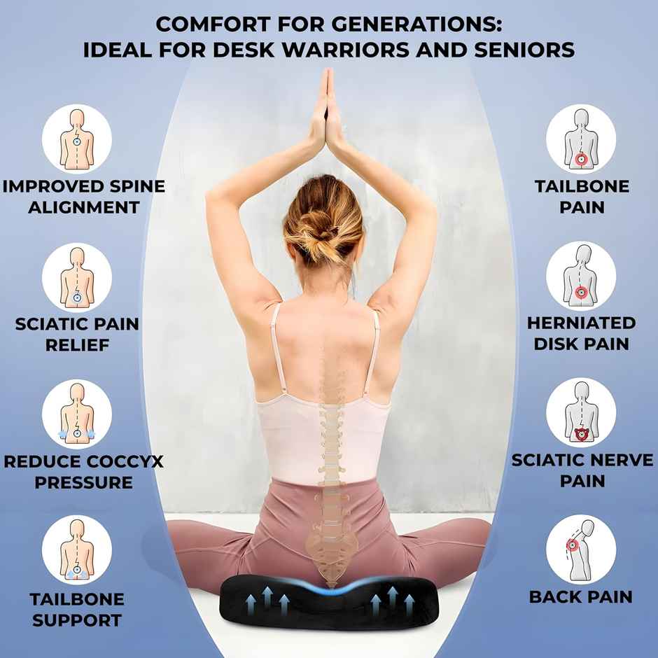 Trajectory Coccyx Seat Cushion For Tailbone, Sciatica, Lower Back Pain - Orthopedic Memory Black