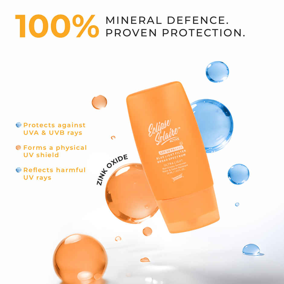 Eclipse Solaire Active Sunscreen SPF 50 PA++++ No White Cast, Non-Greasy Formula for All Skin Types