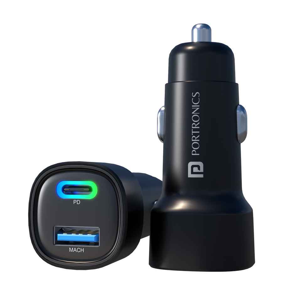 Portronics 80W Dual Output Fast Car Charger with Type-C PD & USB, LED Indicator, Power Bank (Black)