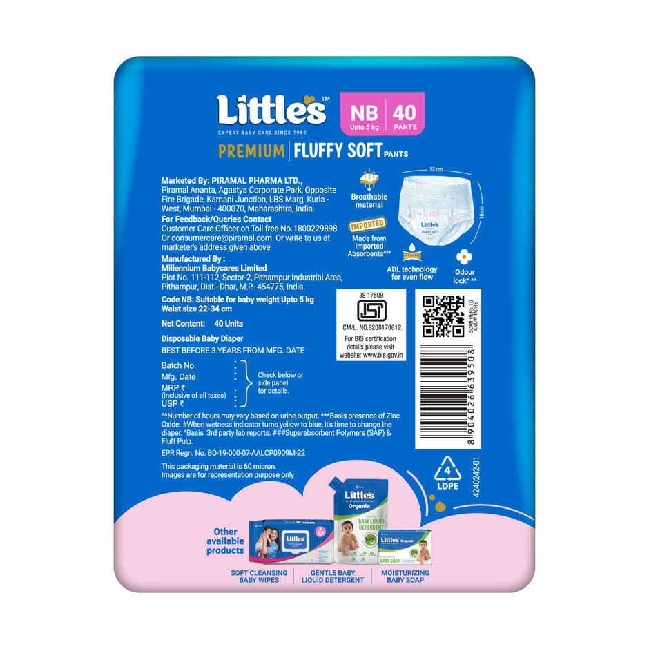 Little's Fluffy Soft Premium Baby Pant Style Diaper | NB | Leakage Free | 40 pcs