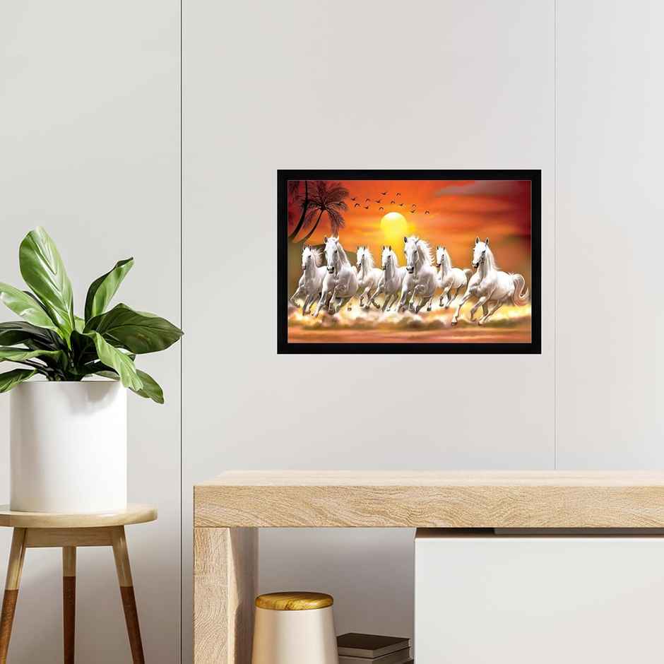 Indianara Vastu Running Seven Horse Painting With Frame 20 x 14 inch - L
