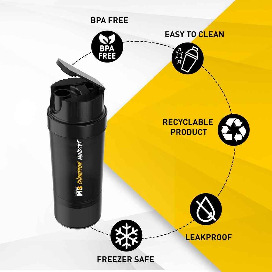 Muscleblaze Tornado Gym Shaker Bottle 500 Ml, Sipper Bottle With Extra Compartment Black