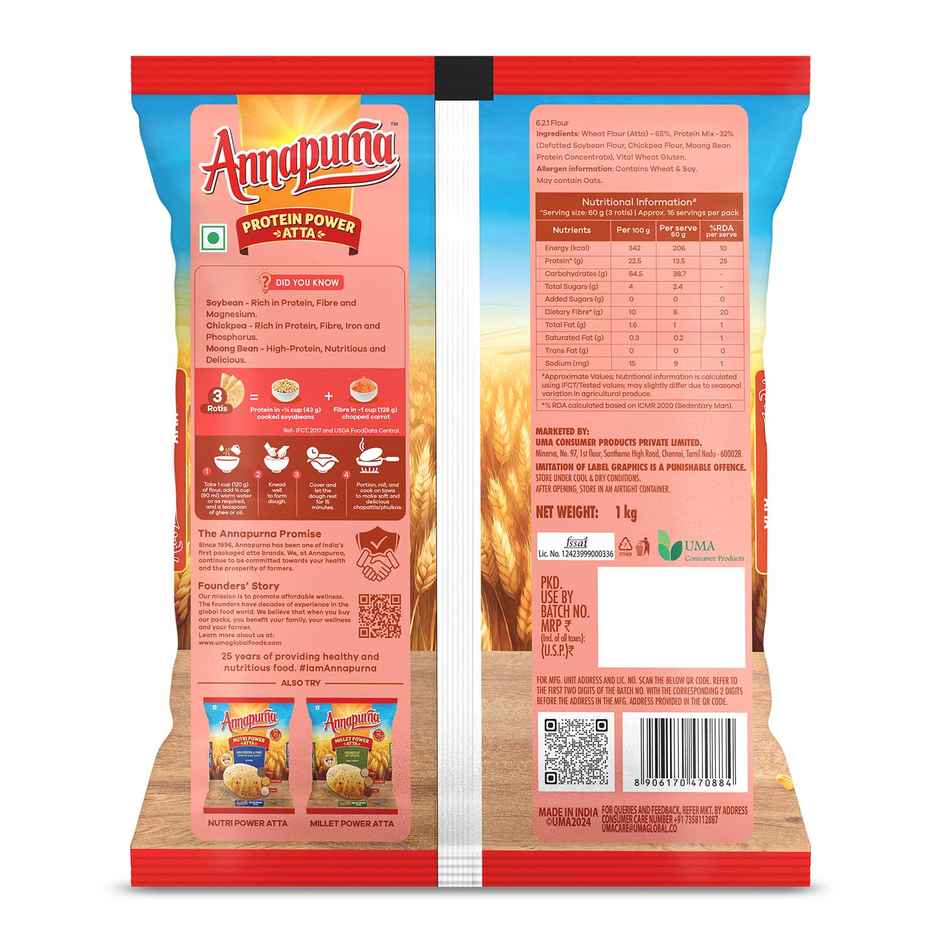 Annapurna Protein Power Atta | 25% Daily Protein | 13.5 G Protein in 3 Chapatis