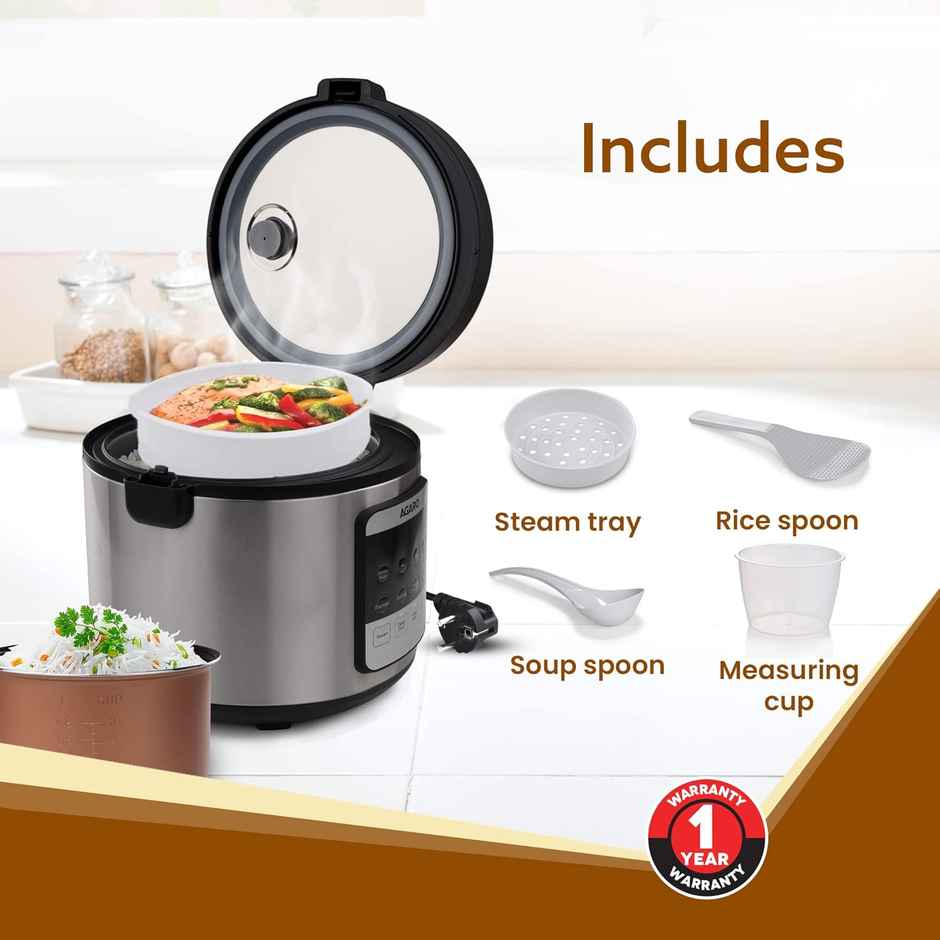 Agaro Royal Electric Rice Cooker, 5 Ltr, Steam Basket, 6 Preset Cooking, Keep Warm, Up To 1500G