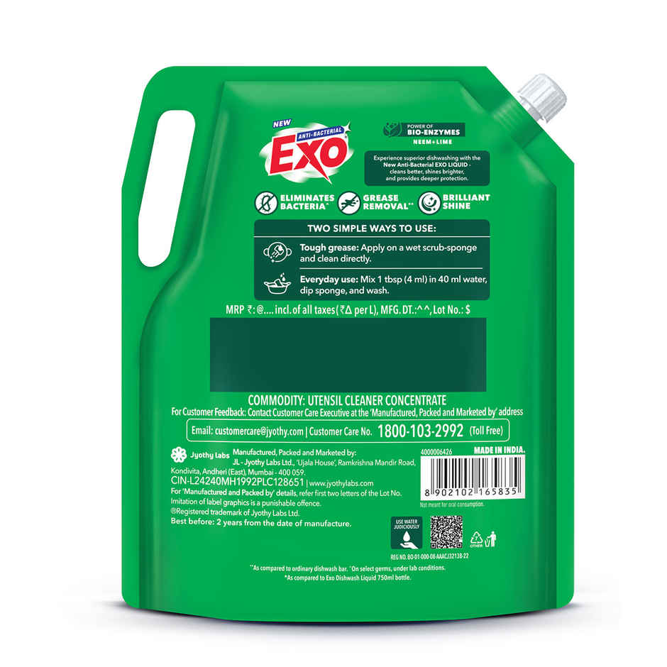 Exo Neem & Lime Anti Bacterial Dishwash Liquid | Tough Grease Removal with Power of Bio-Enzymes