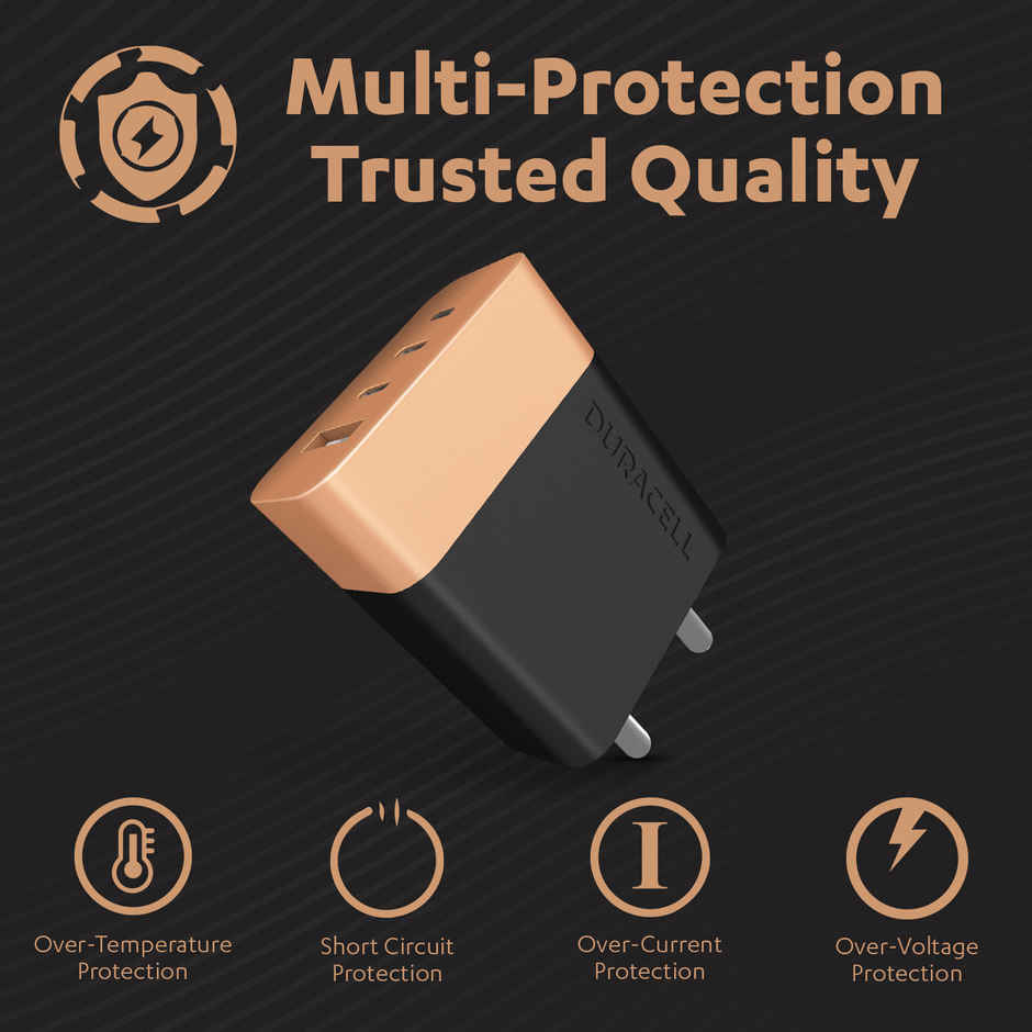 Duracell 65W Fast Wall Charger Adapter, 3 Port, 1 USB A, 2USB C,Fast Charging