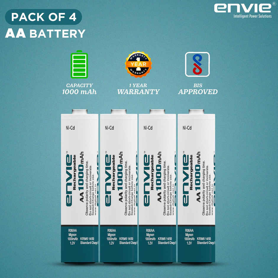 Envie Quick Rechargeable AA 1000 mAh Ni-Cd Batteries (Pack Of 4) | (AA10004Plni-Cd)