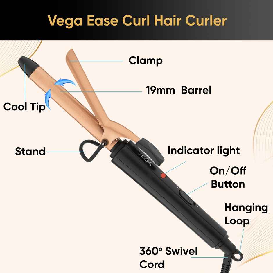 Vega Ease Curl 19 mm Barrel Hair Curler for Women with Cool Tip, Adjustable Temperature (VHCH-01)