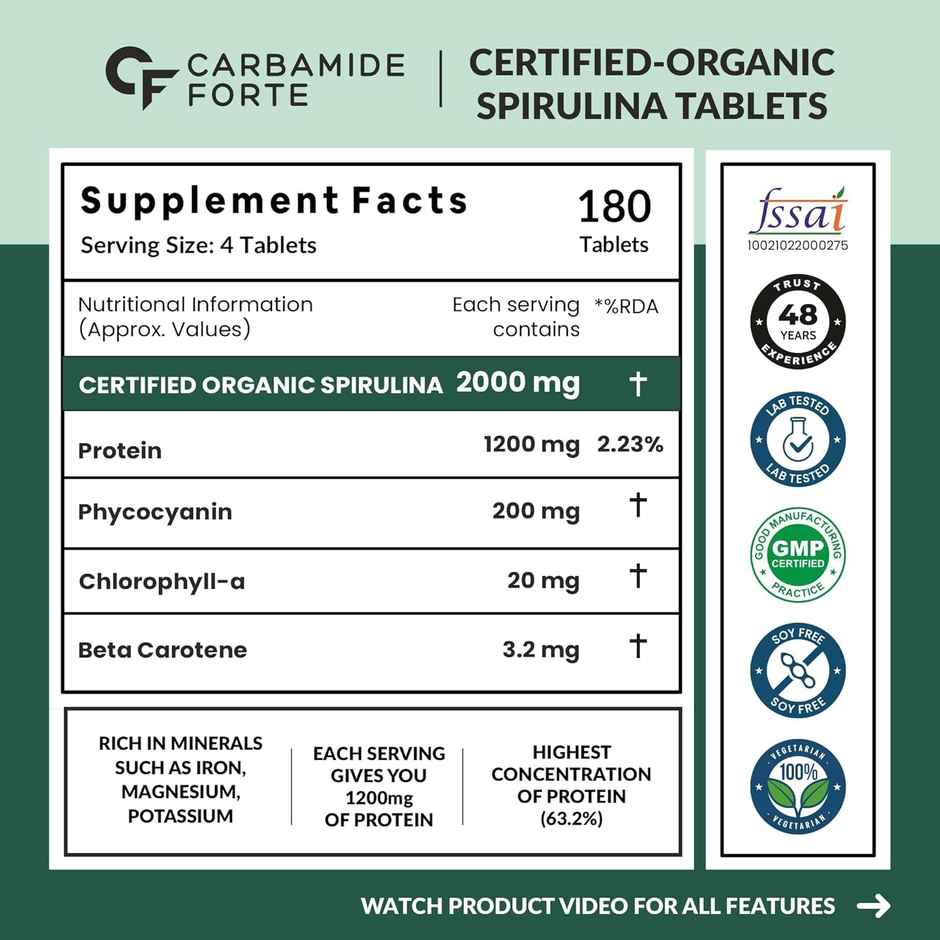Carbamide Forte Truly Organic Spirulina Tablets 2000mg Per Serving - 180 Tablets