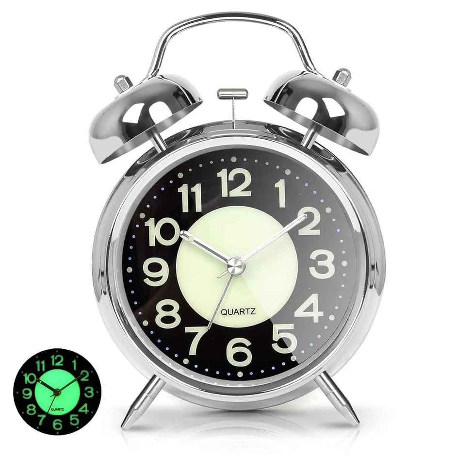 Perpetual Alarm Analog Clock | Non-Ticking Quartz with Backlight | Neon Silver - 11.4 cm