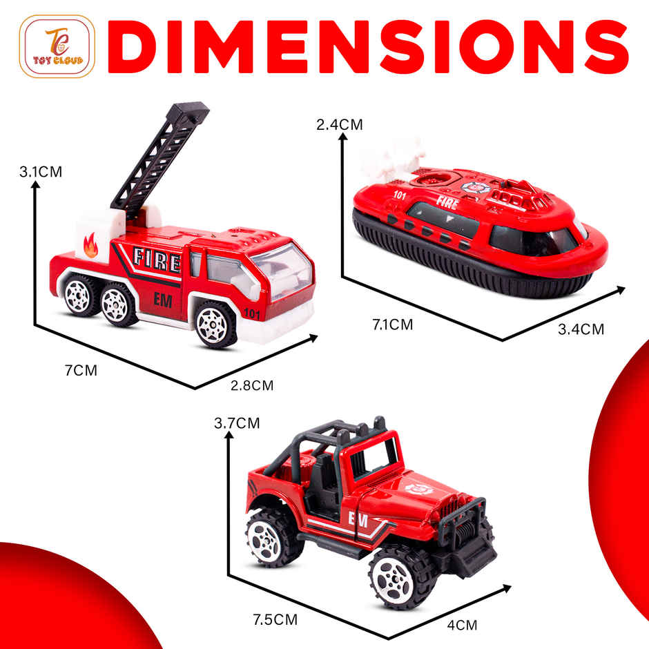 Toy Cloud Free Wheel Die Cast Metal Fire Rescue Vehicle Set of 3 1:64 Scale Model Vehicles Toys