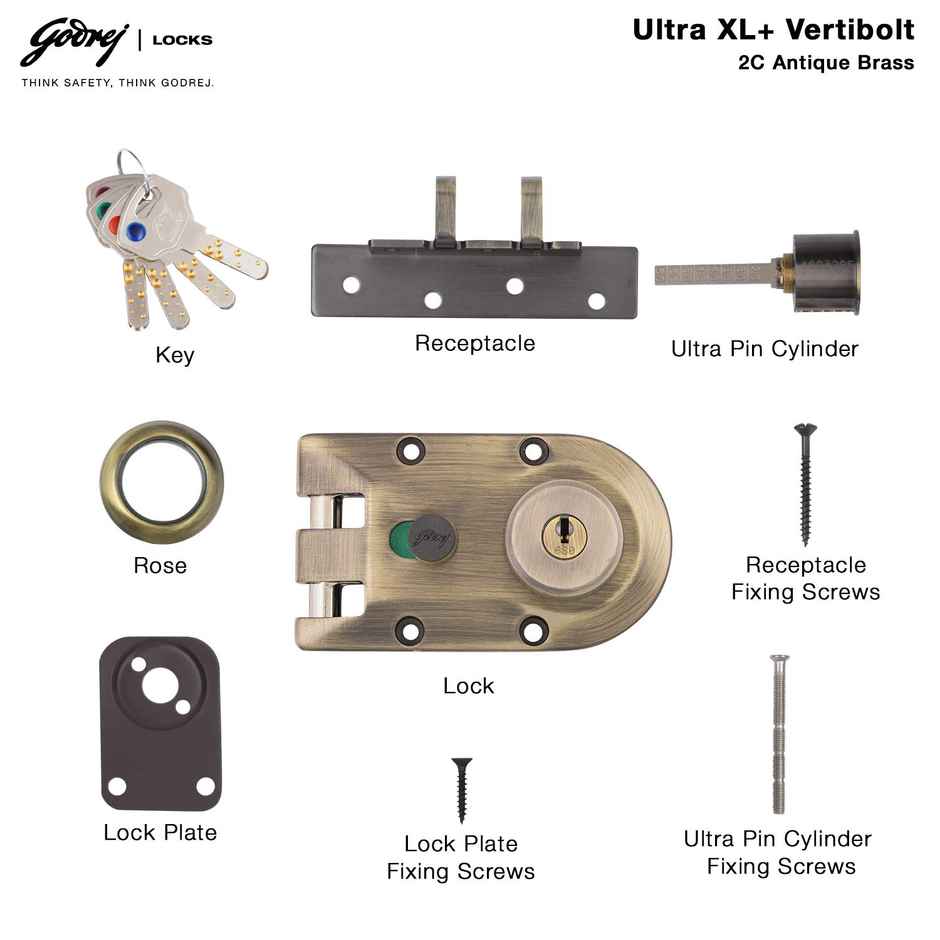 Godrej Rim Lock Vertibolt Ultra XL+ 1Ck Deadbolt | Wooden Doors | Antique Brass Finish