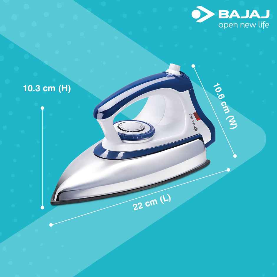 Bajaj DX-11 Stainless Steel Majesty 1000 Watts Dry Iron, Advance Soleplate And Anti-Bacterial German Coating Technology,  Automatic Shut Off, Thermal Safety Fuse - White & Blue