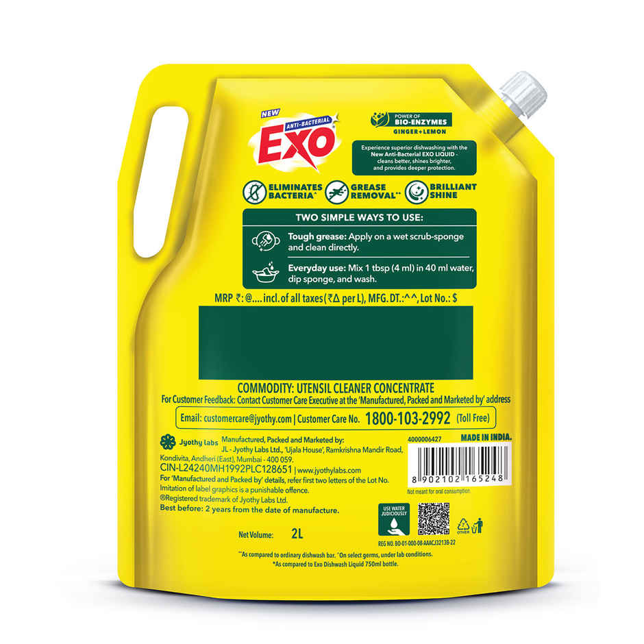 Exo Ginger & Lemon Anti Bacterial Dishwash Liquid | Tough Grease Removal with Power of Bio-Enzymes