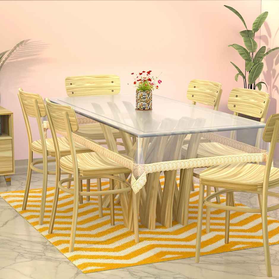 Kuber Industries PVC 6 Seater Transparent Dining Table Cover with Golden Lace