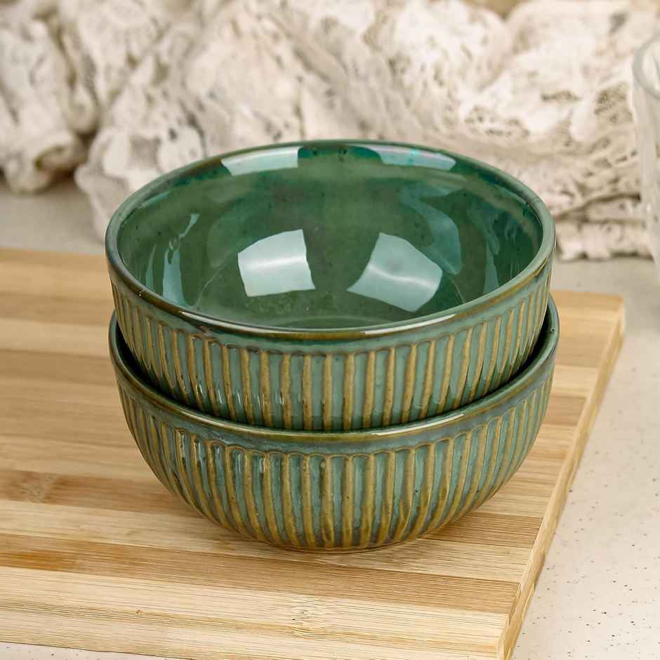 The Earth Store Glam Green 2Pc Ceramic Bowl Gift Set, 500 ml Each Microwave Safe, Snack Serving