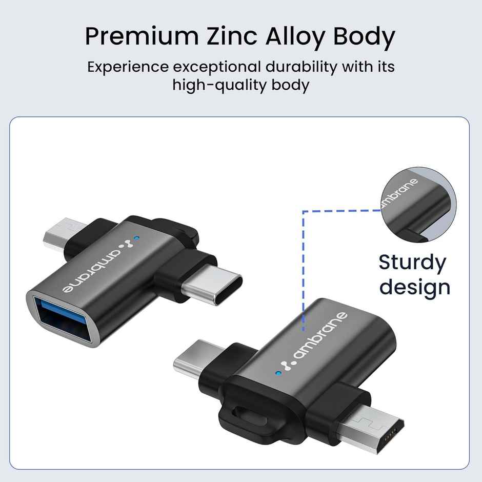 Ambrane 2 in 1 OTG Adapter Micro USB+USB Type C to USB Female Connector, OTG Pen Drive Adapter to Mobile Connector Type C, Compatible with All Devices - Black