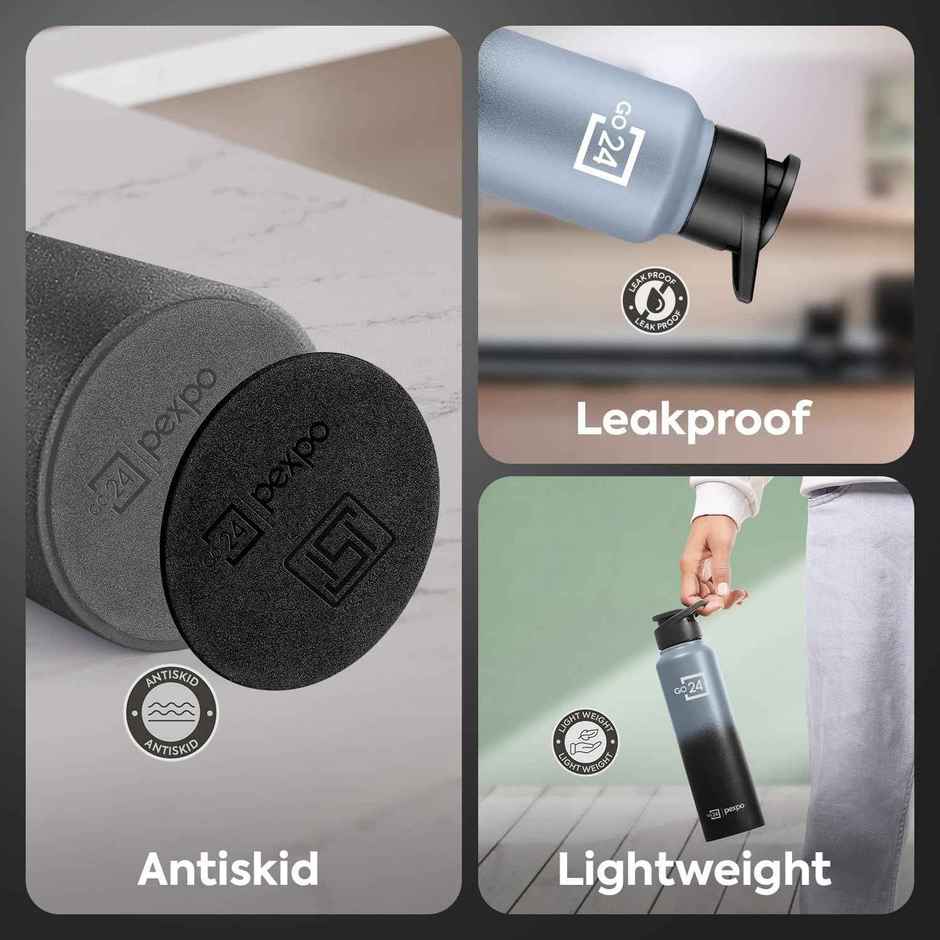Go24 | Pexpo Craft Pro Stainless Steel Sports | Fridge Water Bottle with Sipper Cap | Grey and Black Ombre