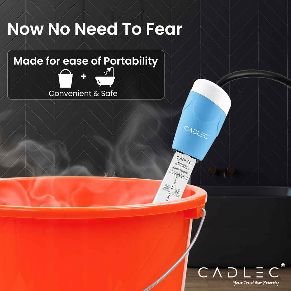 Cadlec HeatJet 1500W Electric Immersion Rod With Waterproof & Protection, Instant Heating With Bucket Holder - Blue