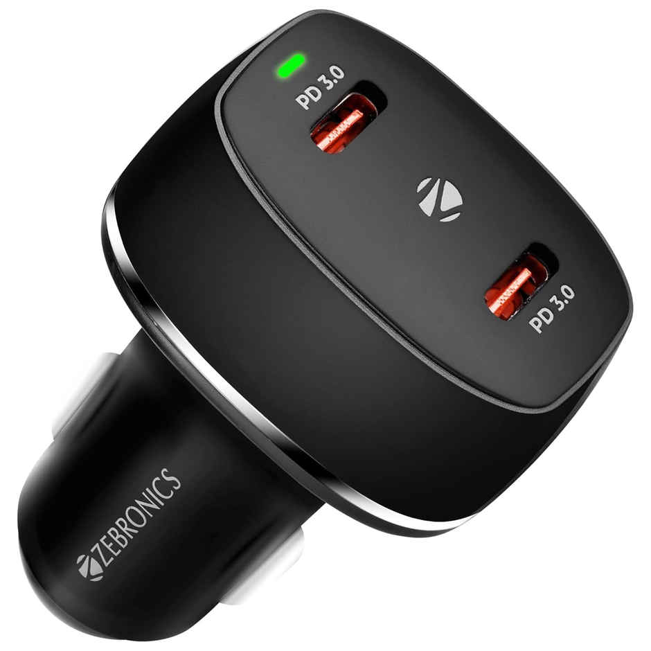 Zebronics CC60 Car Charger with 60 Watts Rapid Charge, Dual Type C Pd Ports, Compact Design, Built in Protections, Led Indicator for Smartphones - Black