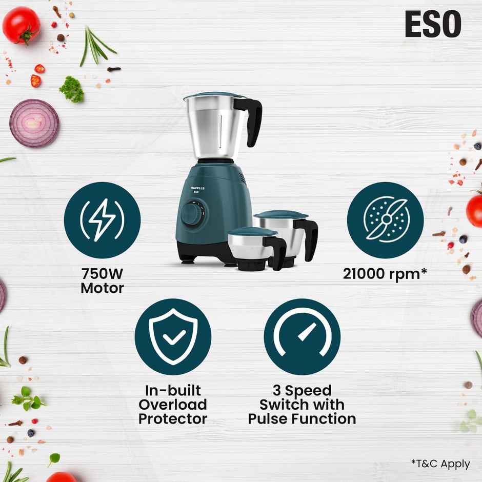 Havells Eso Mixer Grinder | 750 W | 3 Jars | 21K Rpm | Ss Jars With Handle - Teal & Black