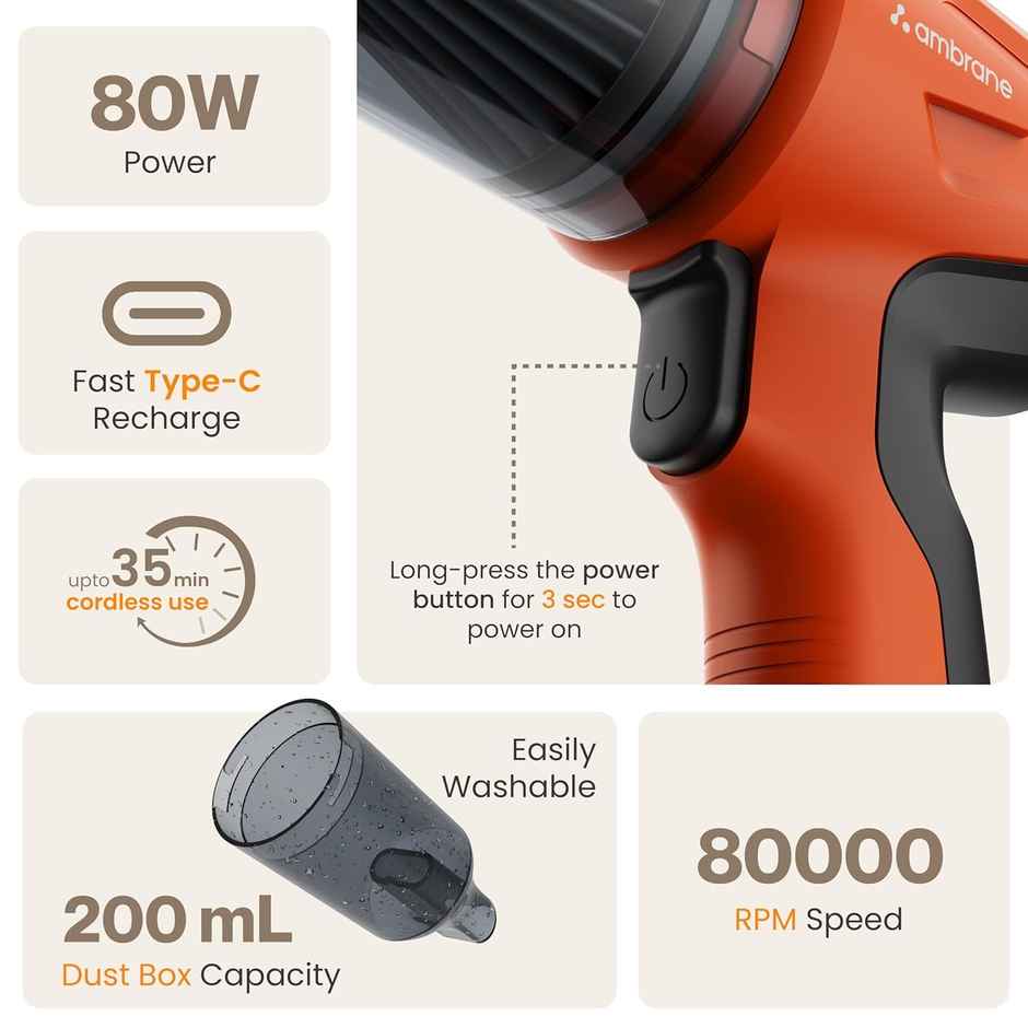 Ambrane 12kPA Powerful Suction 80W Wireless Air Blower 2-in-1 Wireless Vacuum Cleaner Car,Home use