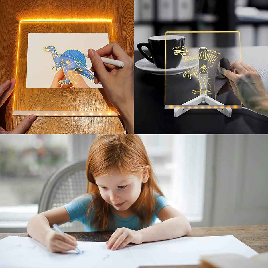Desidiya 3D Acrylic Writing Board with Pen & Light, LED Message Board for Endless Creativity, Rewritable Standalone Memo Board for Home and Office (15 x 15 CM)