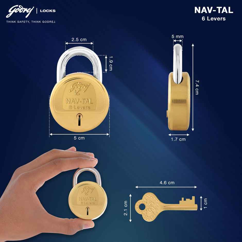 Godrej Locks Navtal 6 Levers Brass Lock with 3 Keys | Brown, Set of 1 Polished Finish