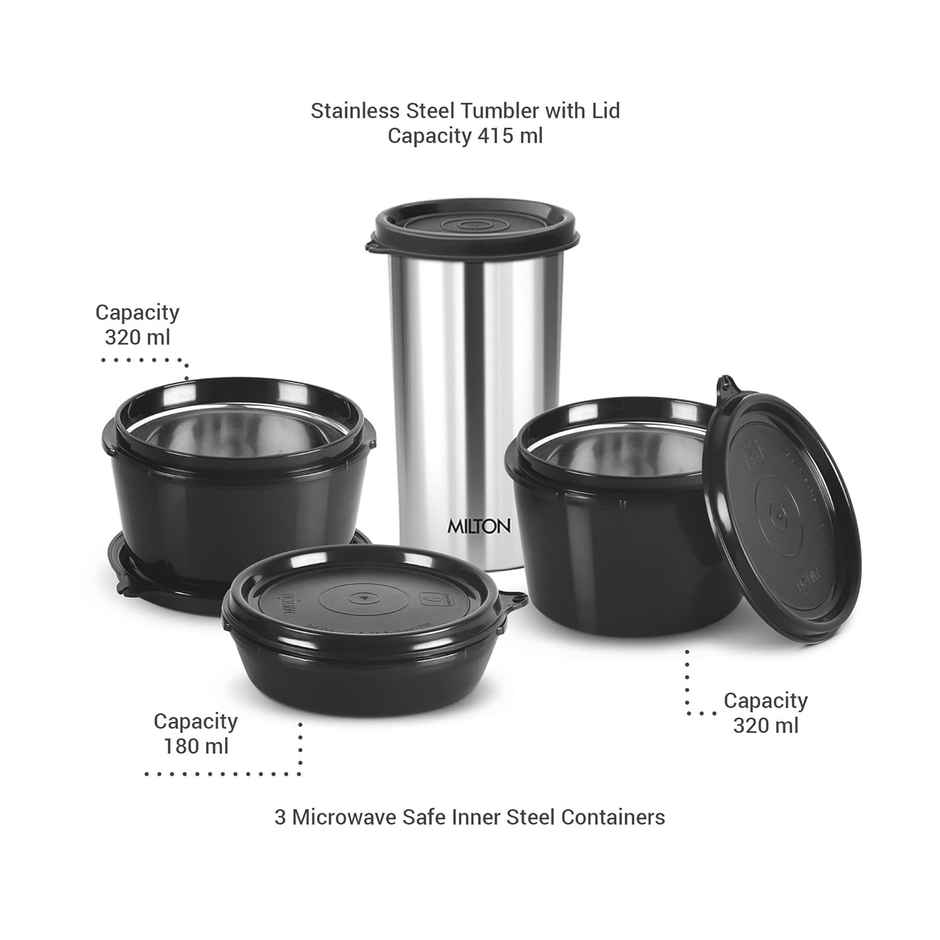 Milton Floret Tiffin 3 Microwave Safe Inner Steel Containers & Tumbler 415 ml With Bag | Black