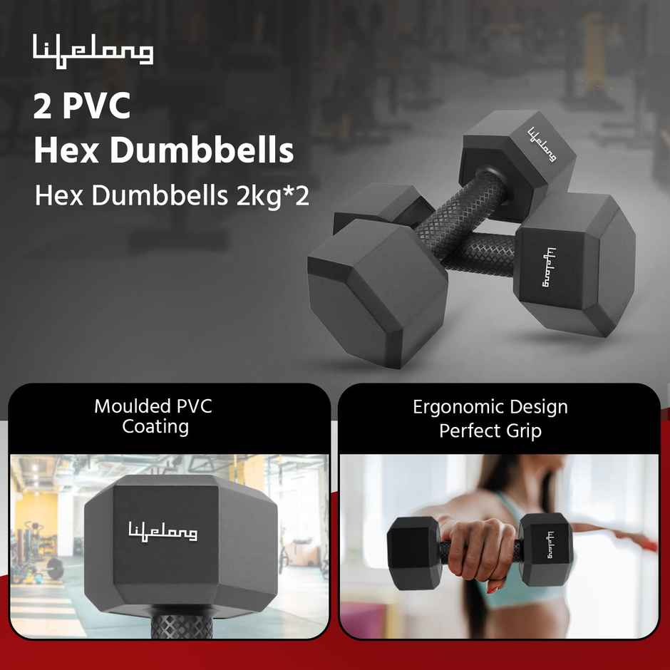 Lifelong PVC Hex Dumbbells for Home Workout | Black | 2 x 2 kg