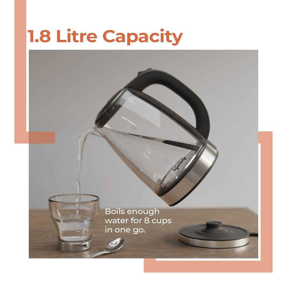 Lifelong Glass Kettle, 1350W, LED light Borosilicate, Auto Shut-Off, Cool Touch | Black - 1.8 L