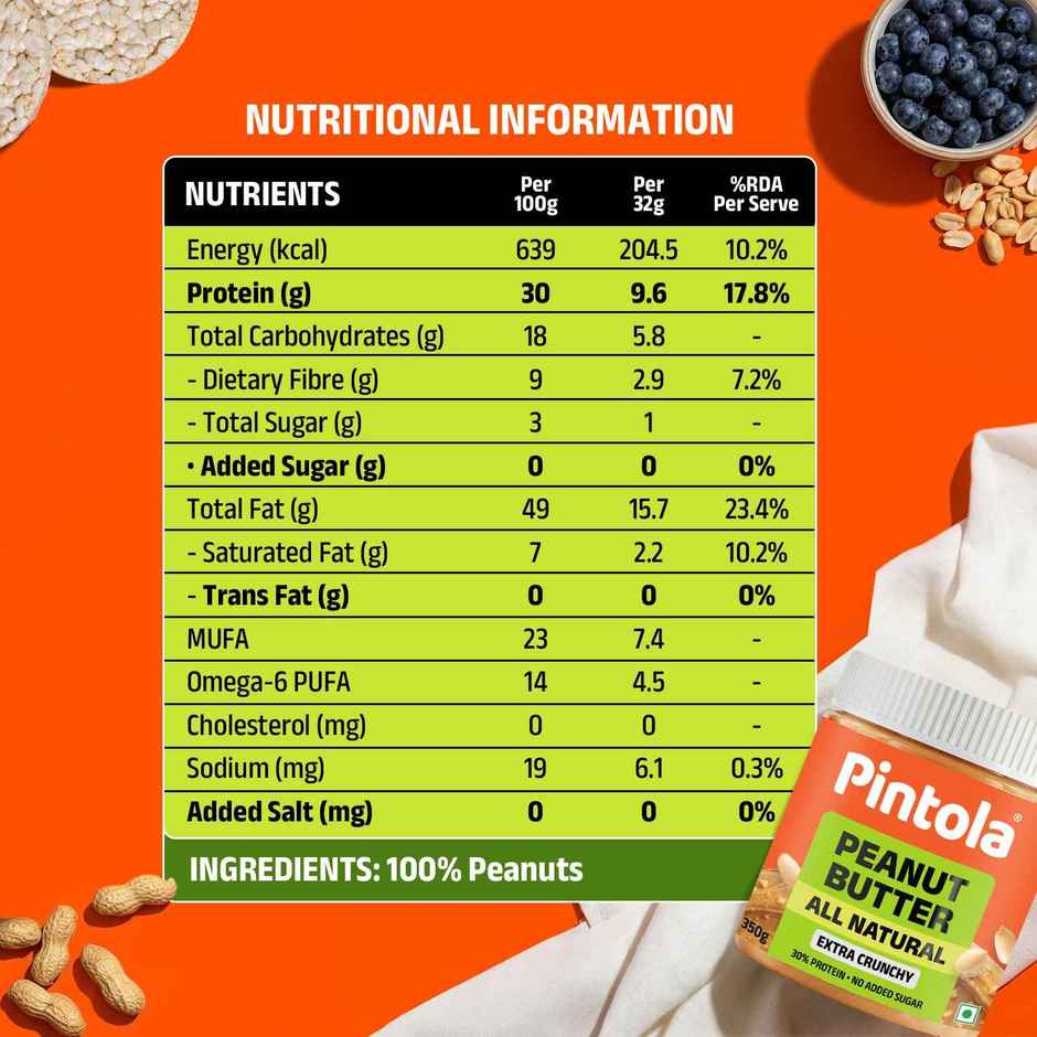 Pintola All Natural Peanut Butter, Extra Crunchy, Unsweetened, 30g Protein