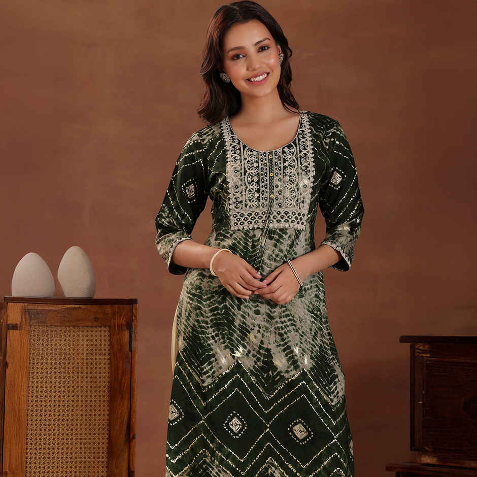 Libas Women's Printed Silk Straight Kurta | Green - XL
