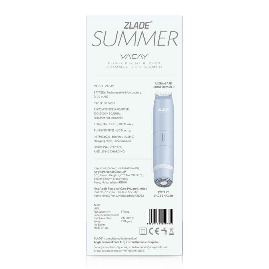 Zlade Summer Vacay | 2-in-1 Rechargeable Bikini Trimmer & Face Shaver for Women