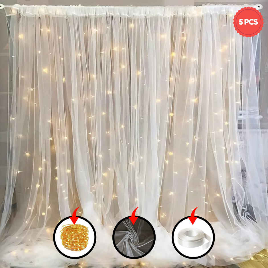 Festive Birthday Decoration Kit 5Pcs with Net Curtains | LED Light & Ribbon | BeyondLuv