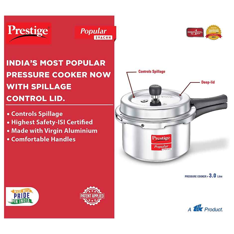 Prestige Popular Svachh Virgin Aluminium Spillage Control Pressure Cooker, 3 L (Silver)