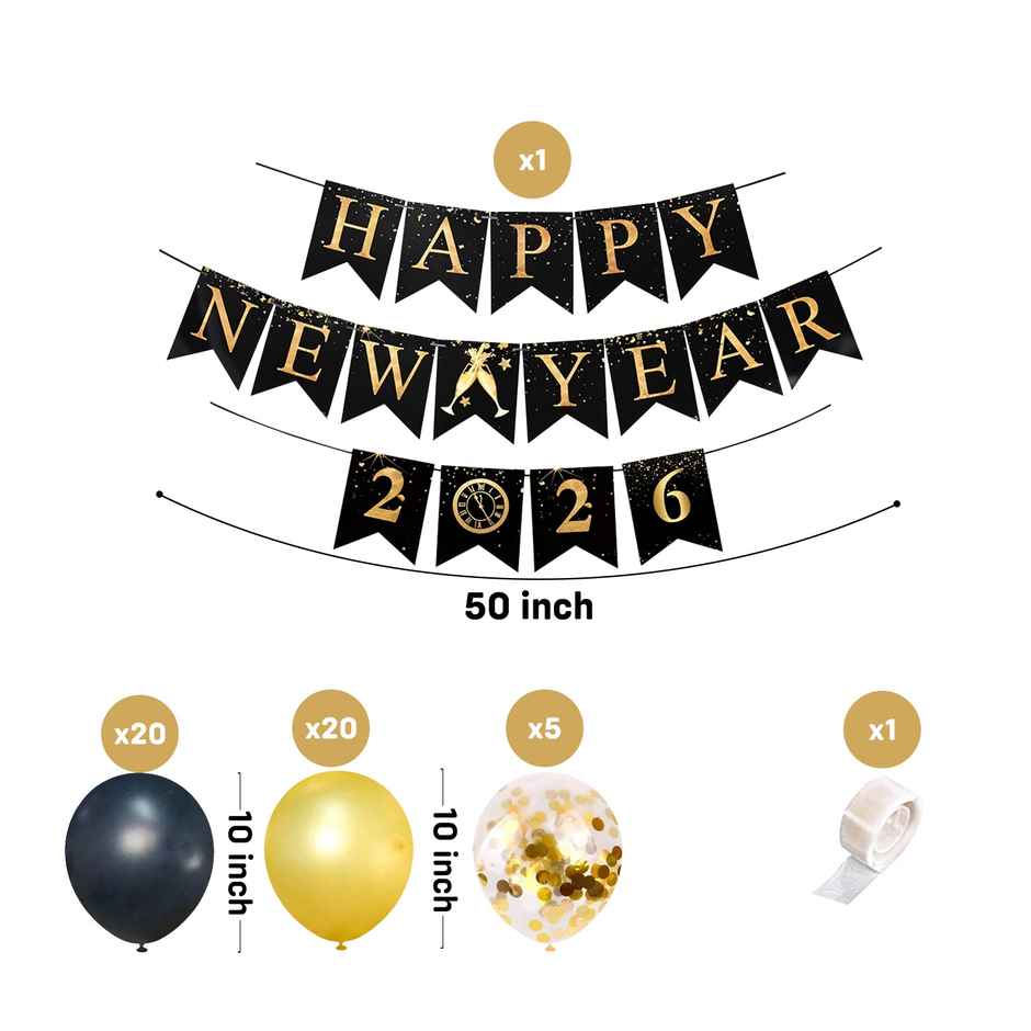 Happy New Year 2026 Decor | Black & Gold Balloons with Banner | Party Propz
