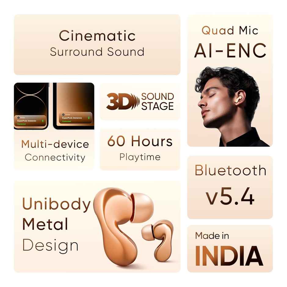 Mivi Superpods Immersio Earbuds Flagship Launch, 3D Soundstage, 60H Playtime, Reflective Peach