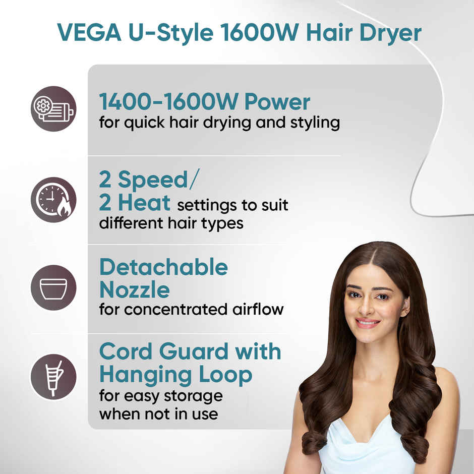 Vega U Style 1400-1600W Foldable Hair Dryer with Cool Shot Button, 2 Speed/Heat Settings, (VHDH-24), With 16 A Plug