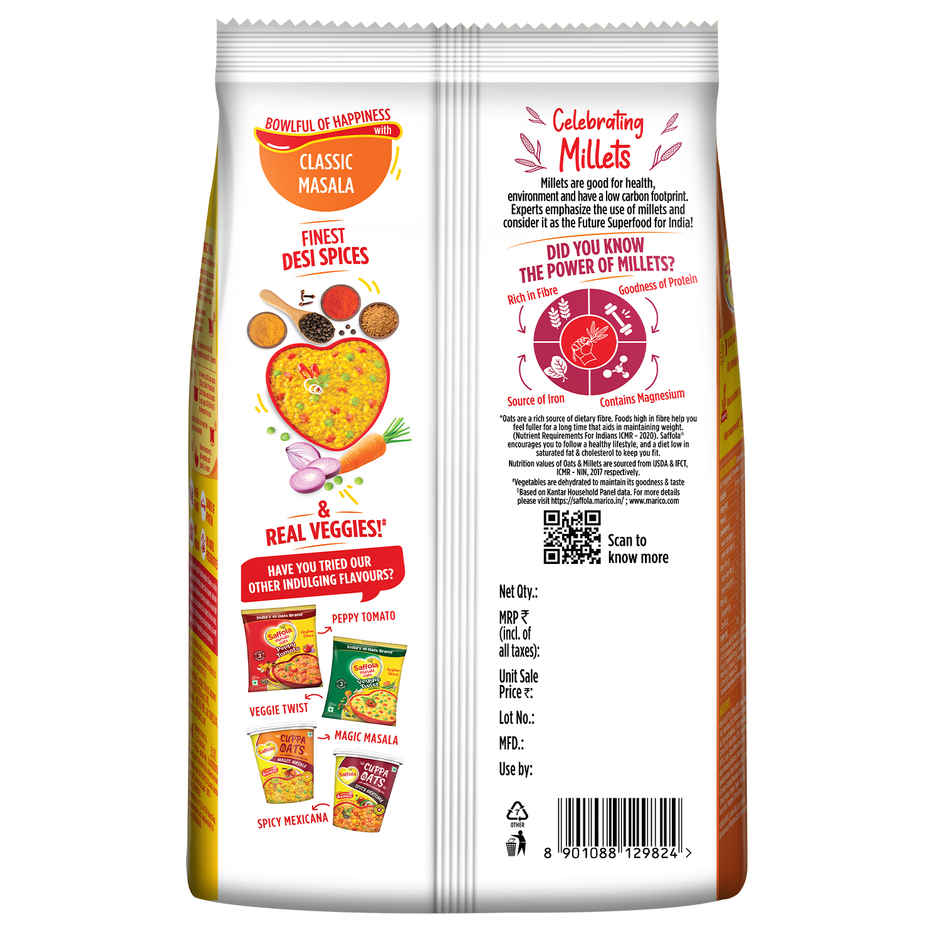 Saffola Masala Oats |Classic Masala | Anytime Snack | Ready in 3 mins | Millets Goodness