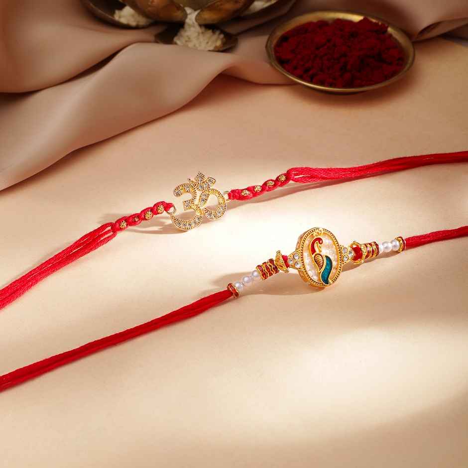 Rubans Gold Toned Set Of 2 Om And Peacock Motif Stone Studded Rakhi - Elegant and Protective