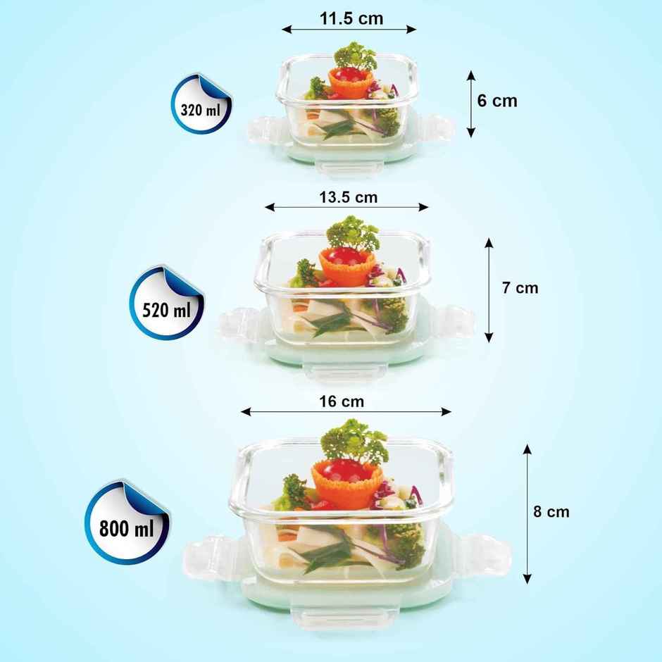 Signoraware Lock N Store Square Borosilicate Glass Container | 320 ml + 520 ml + 800 ml |Transparent