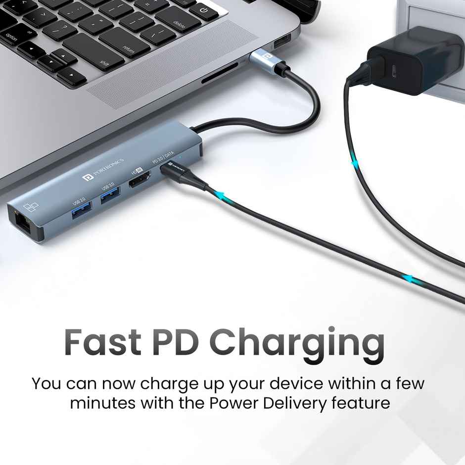 Portronics Mport 51 5-in-1 Type C HUB with RJ 45 Ethernet Port, 5Gbps Data Transfer, HDMI Port, USB 3.0, PD Quick Charge, 4K Ultra HD Data Quality(Grey)