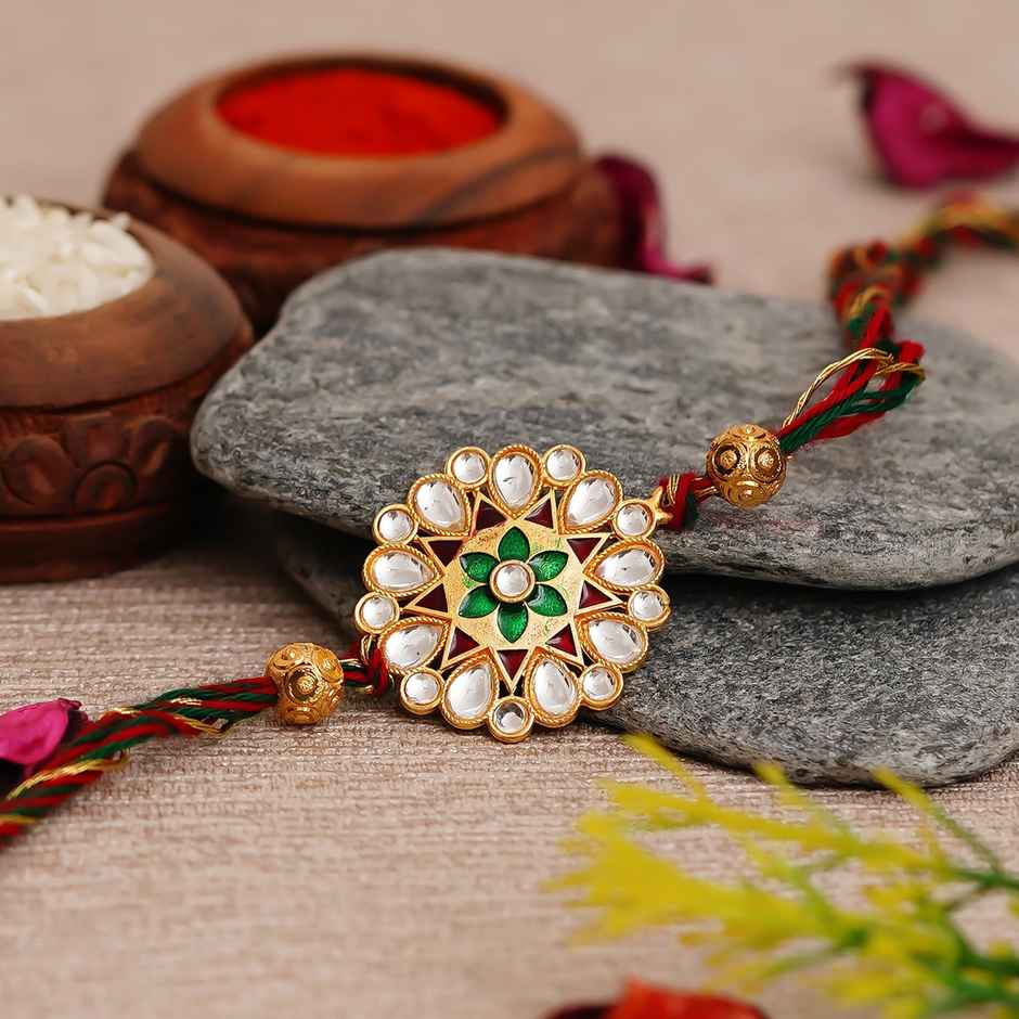 Floral Multicolor Designer Kundan Rakhi for Brother with Roli Chawal | Pack of 1 | Ecraftindia